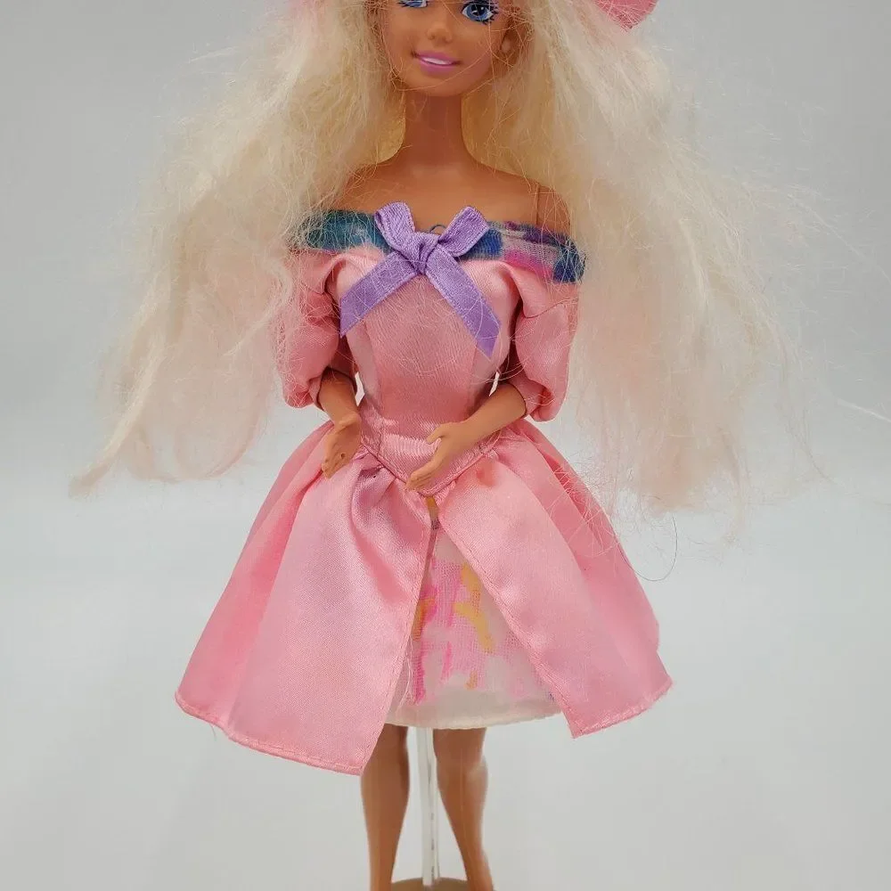 Vintage Mattel Barbie Doll Long Blonde Hair Blue Eyes Pink Dress Hat - Picture 4 of 13